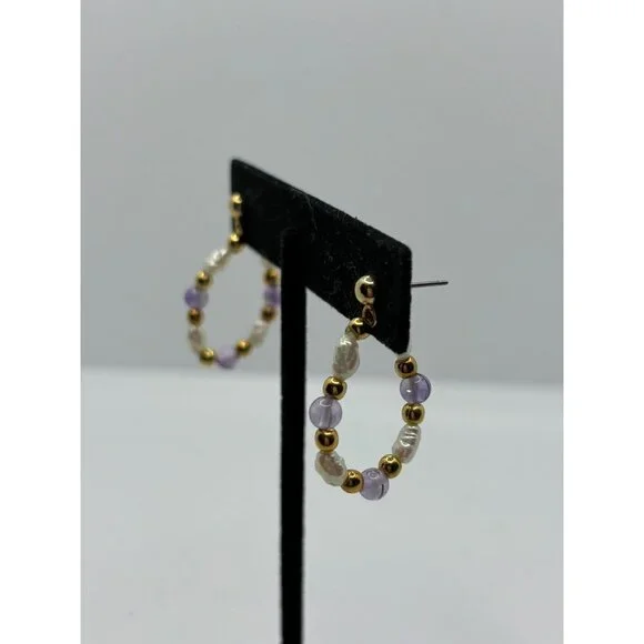 Vintage Lee Sands Cultured Freshwater Pearl Earrings Purple‎ Gold Tone Hoops - Picture 3 of 6
